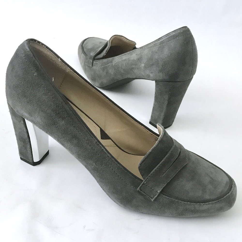 Adrienne Vittadini Pezant Grey Suede Heeled Loafer Style Pumps NWOT